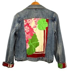 Reworked Denim Jacket Scarf Back Panel Upcycled Statement Piece One of a Kind S